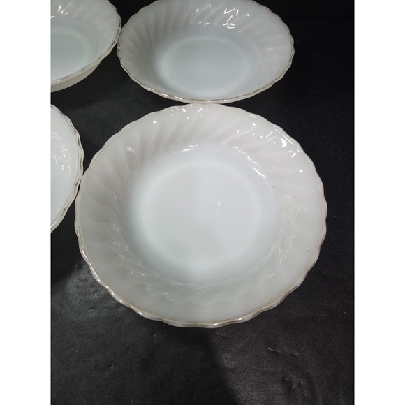 Anchor Hocking Fire King Swirl Bowls, 8.5" Milk Glass Bowls, Gold Trim, Set Of 4 - Picture 2 of 9